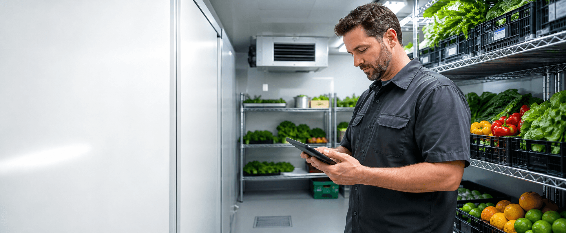 HumiTEC service professional reviewing cooler conditions in a produce storage room