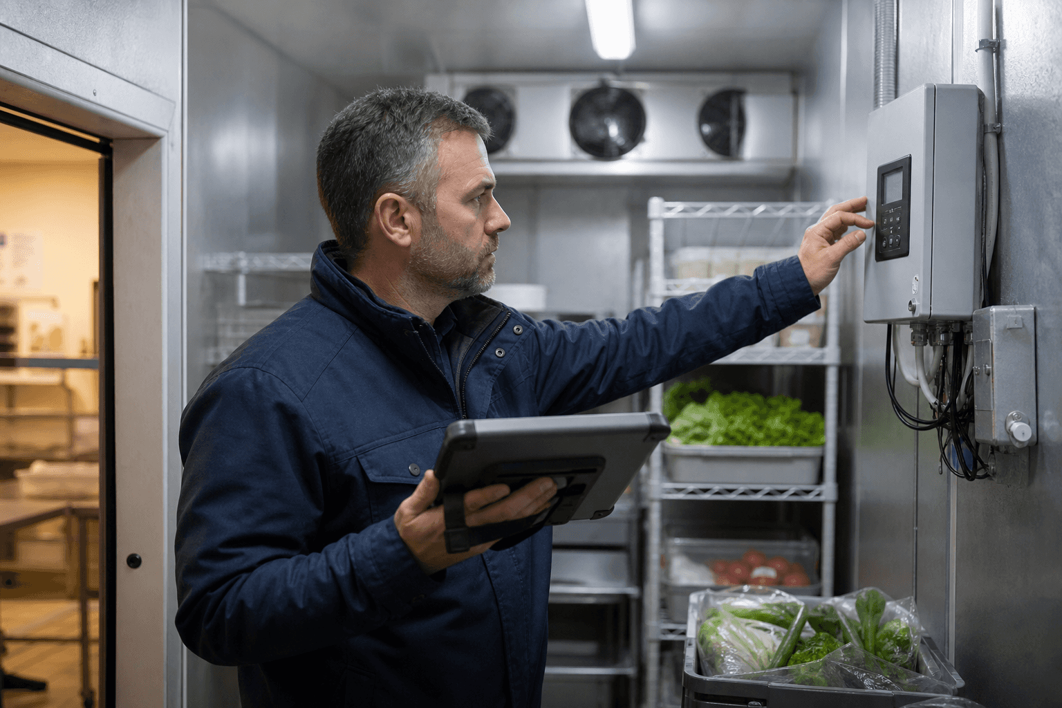 A field technician documenting a cold-storage inspection