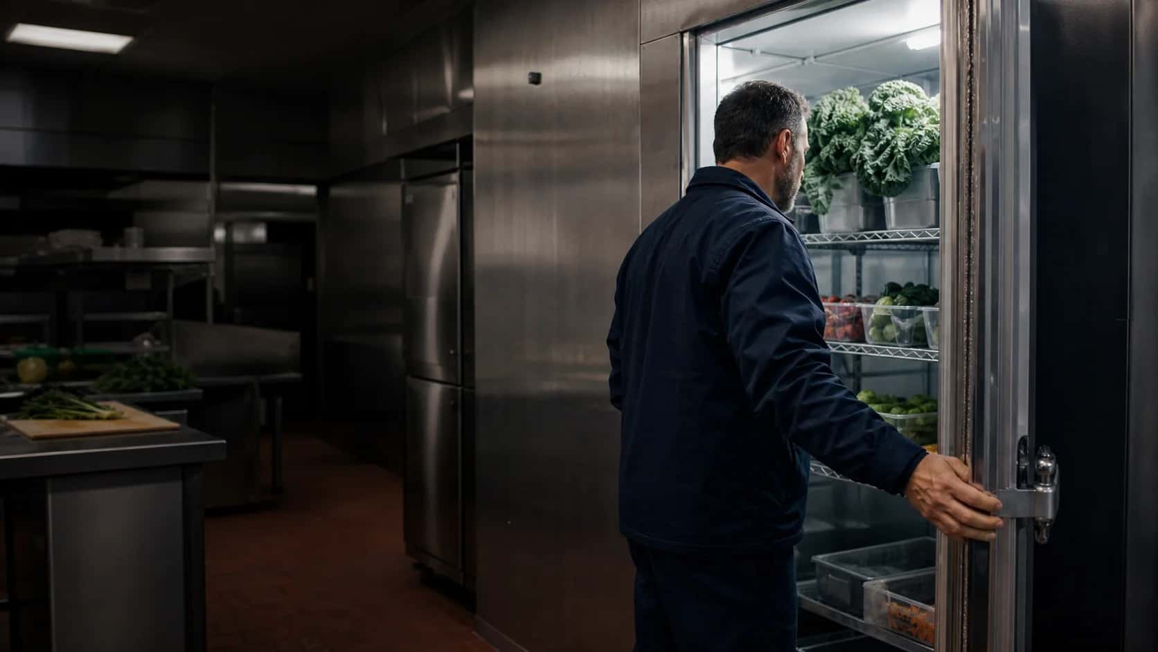 A field technician beginning an inspection inside an institutional produce cooler