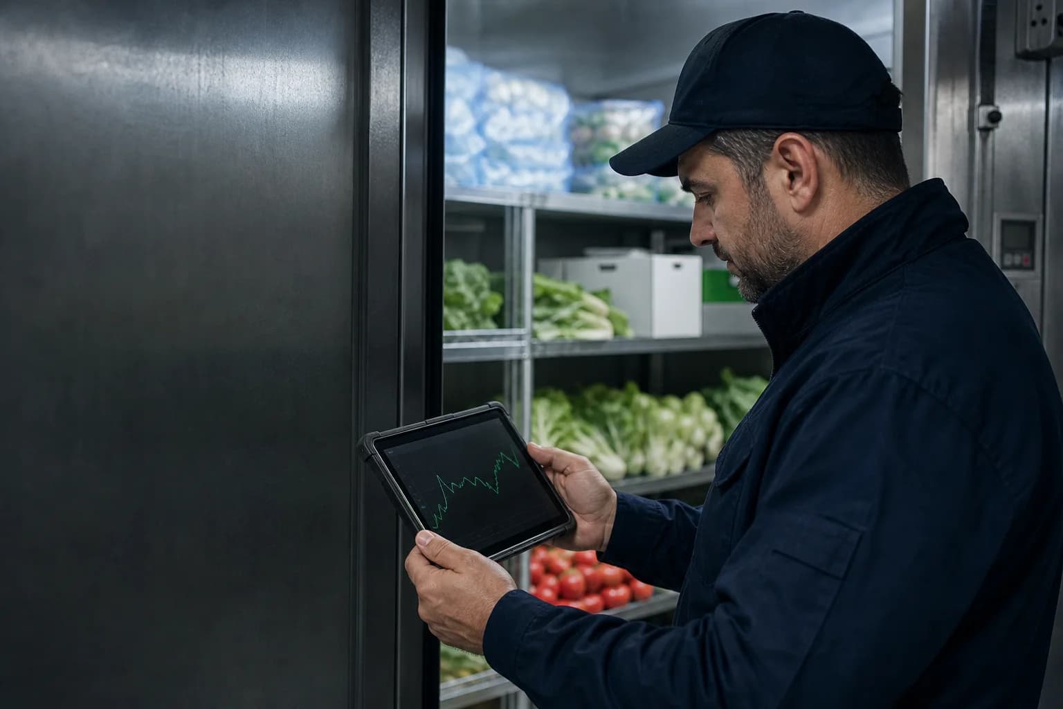 A HumiTEC operator reviewing cooler temperature trends on a tablet