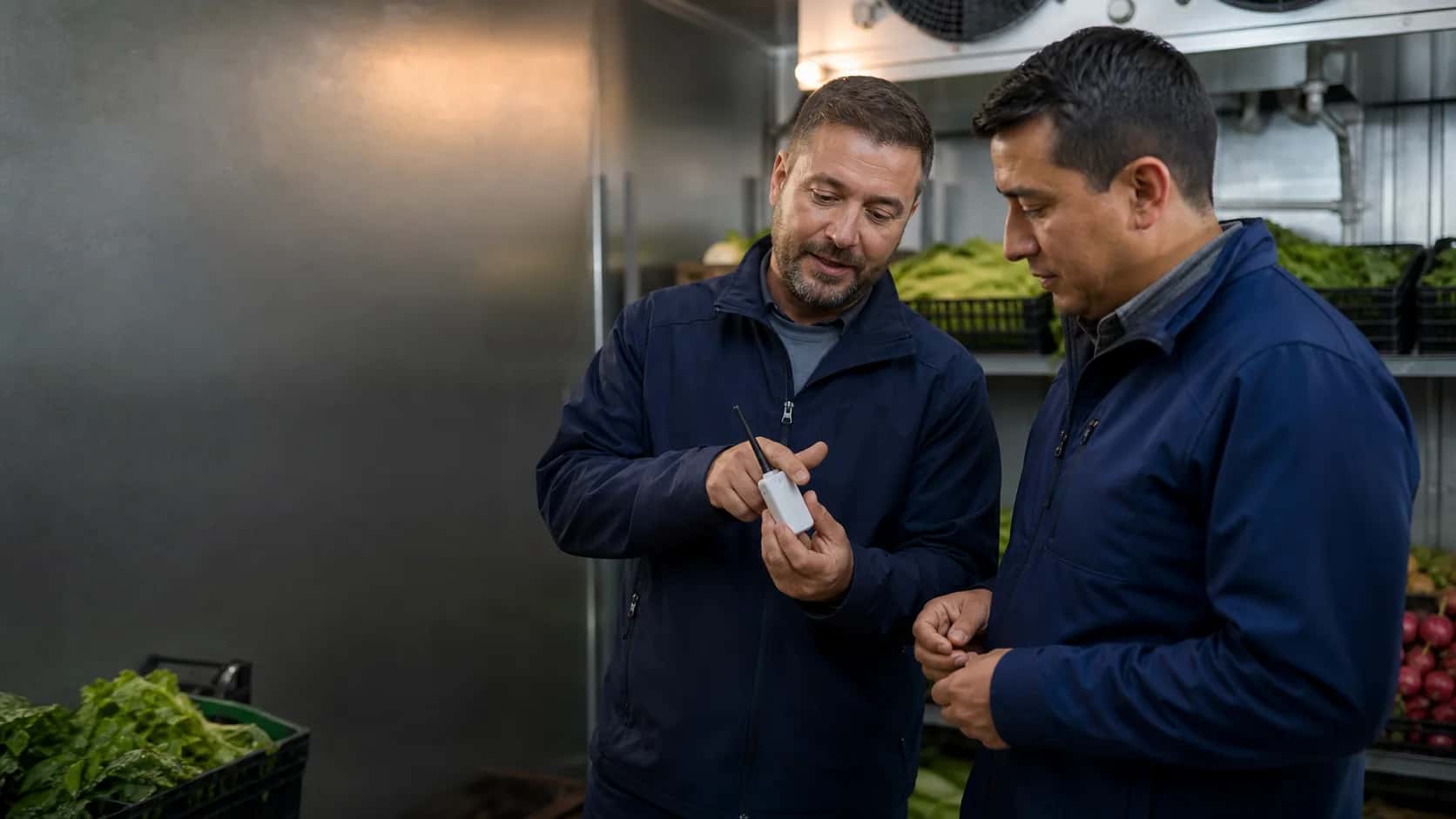 A field trainer demonstrating a wireless cooler sensor to a prospective HumiTEC operator